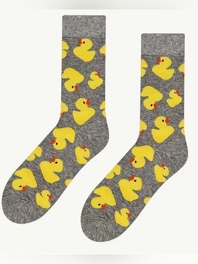 🧦 Funny Yellow Rubber Duck Crew Socks Unisex Gray Novelty Socks-NEW
